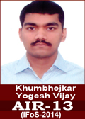 khumbhejkar yogesh vijay AIR 13 in IFoS 2014 Examination