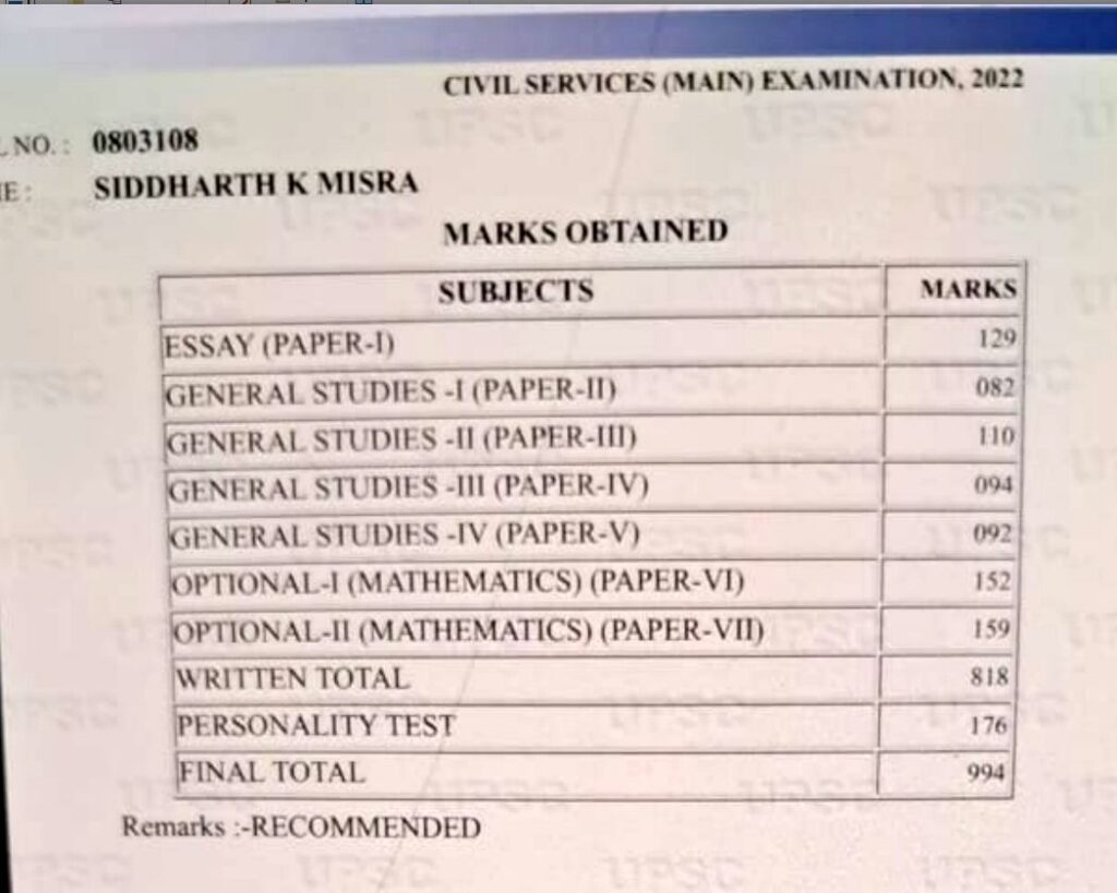 upsc 2022 air 106 siddharts marksheet