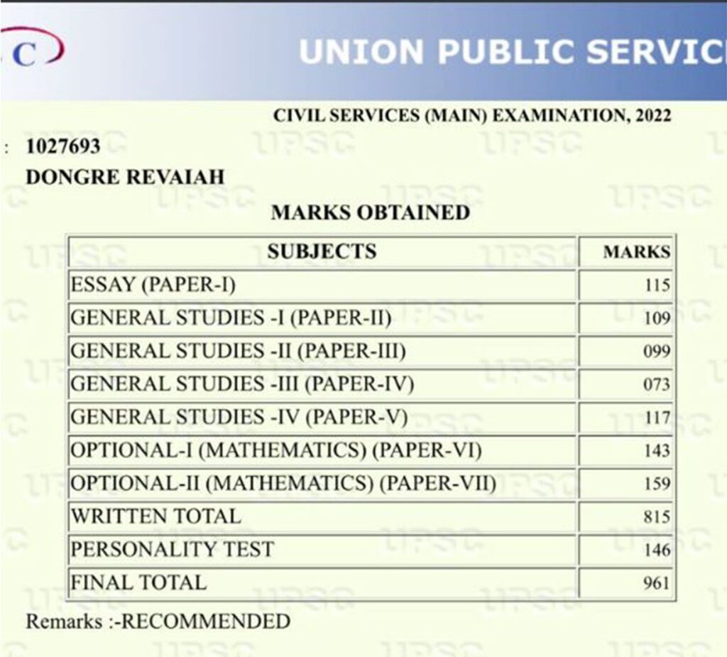 upsc 2022 air 410 Dongre marksheet